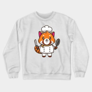 Cute Red Panda Chef Holding Pan And Knife Cartoon Crewneck Sweatshirt